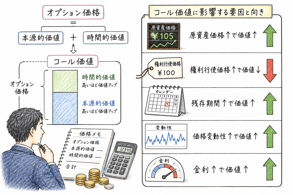 オプション価格を本源的価値と時間的価値に分け、コール価値へ影響する要因の向きを示す図解