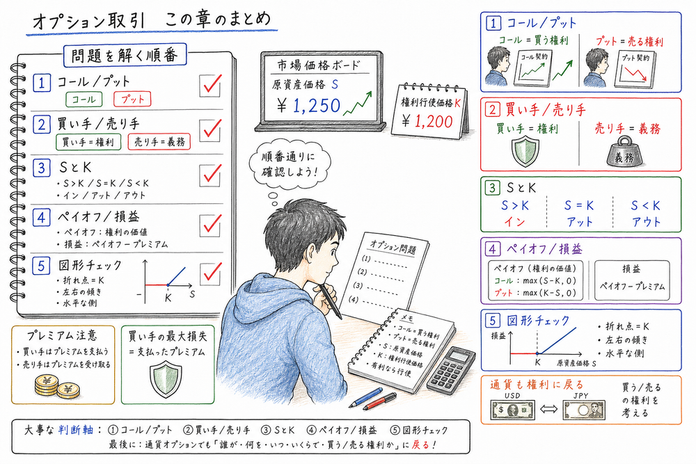 オプション取引の問題で確認するコールかプットか、買い手か売り手か、SとK、ペイオフと損益、図形の判断軸をまとめた図解