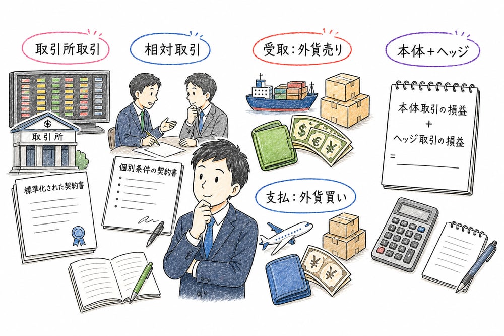先物取引で最初に押さえる制度差、為替ヘッジ方向、ネット損益の要点をまとめた図解