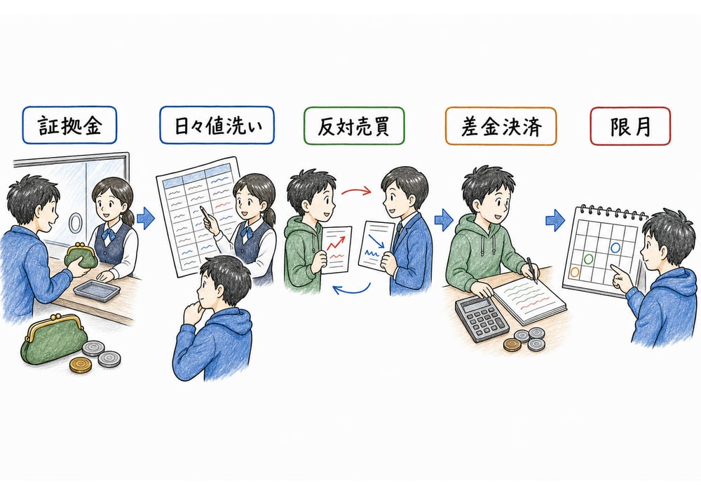 証拠金、日々値洗い、反対売買、差金決済、限月を先物取引の制度語句として整理する図解