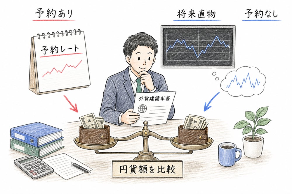 予約レートと将来直物レートで予約ありと予約なしの円貨額を比較する図解