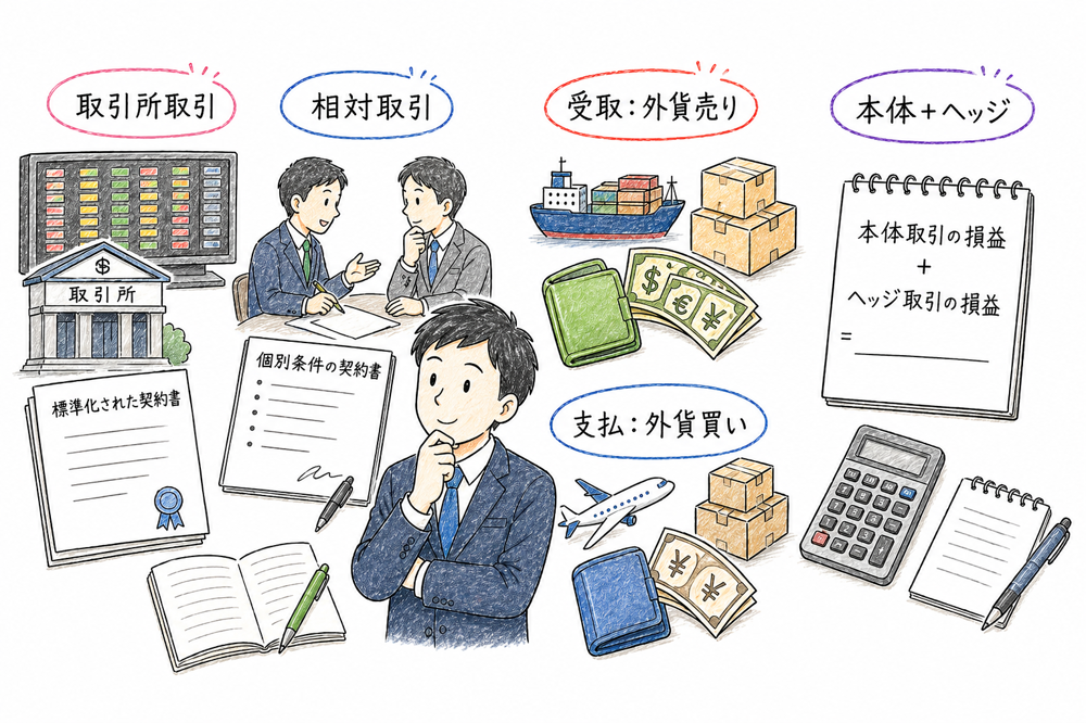 先物取引で最初に押さえる制度差、為替ヘッジ方向、ネット損益の要点をまとめた図解