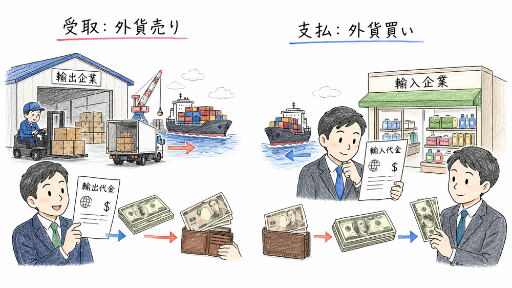 外貨を受け取る側は外貨売り、外貨を支払う側は外貨買いでヘッジする方向の図解