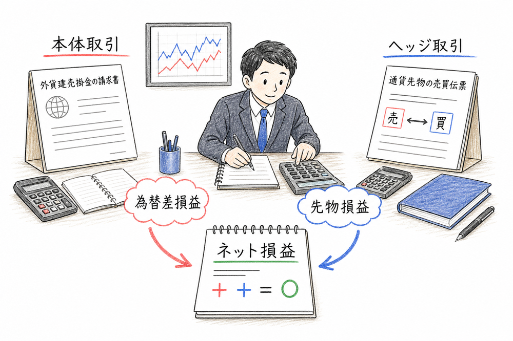 本体取引の為替差損益と通貨先物などのヘッジ取引損益を分けてネット損益へ合算する図解