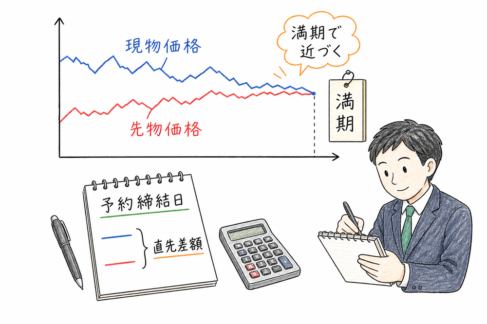 先物価格と現物価格が満期へ近づく関係と直先差額を予約締結日のレート差で見る図解