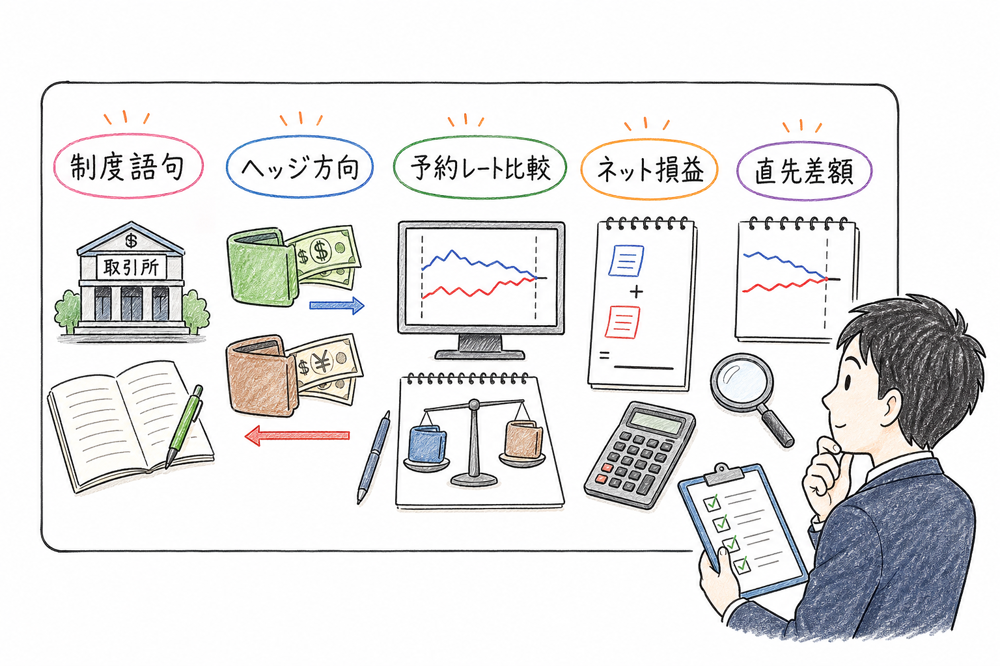 先物取引の制度語句、ヘッジ方向、予約レート比較、ネット損益、直先差額を確認する図解