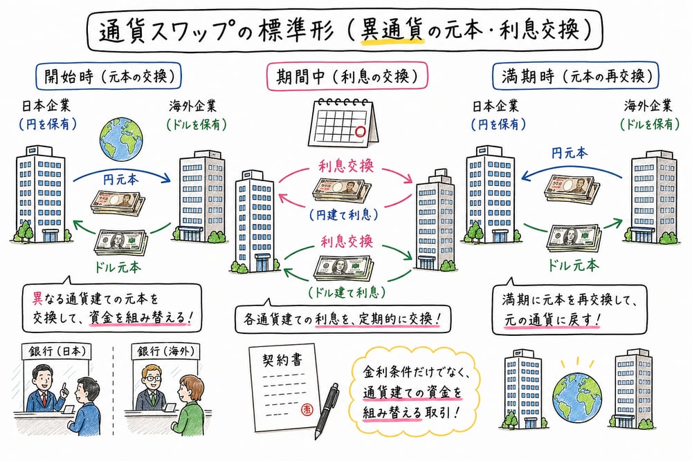 通貨スワップで異なる通貨の元本と利息を交換し満期に元本を再交換する図解