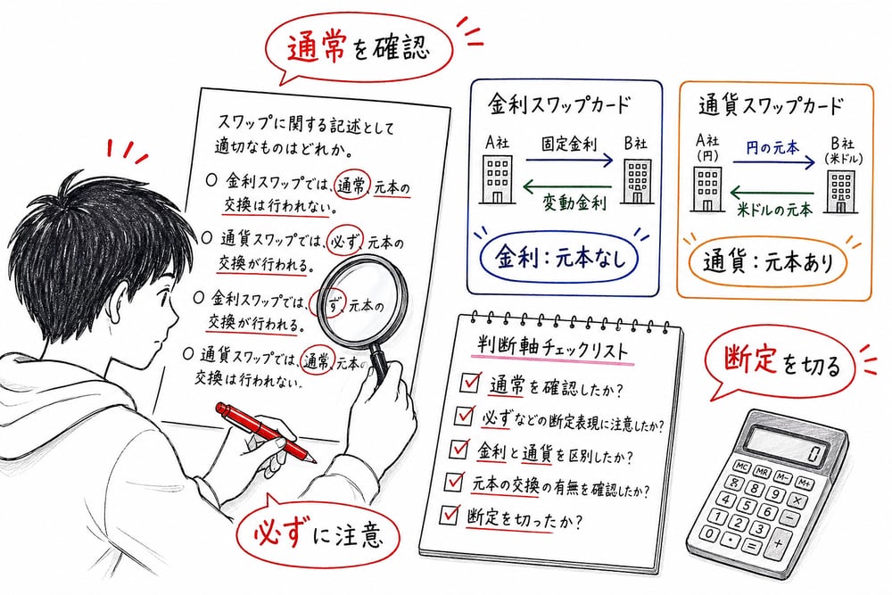 スワップ問題で通常形と断定表現と元本交換の有無を確認する判断軸の図解