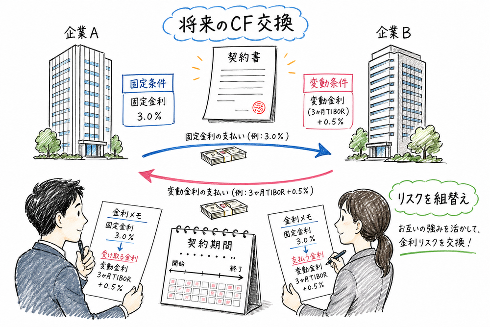 2つの企業が将来のキャッシュフローを交換するスワップ取引の基本構造の図解