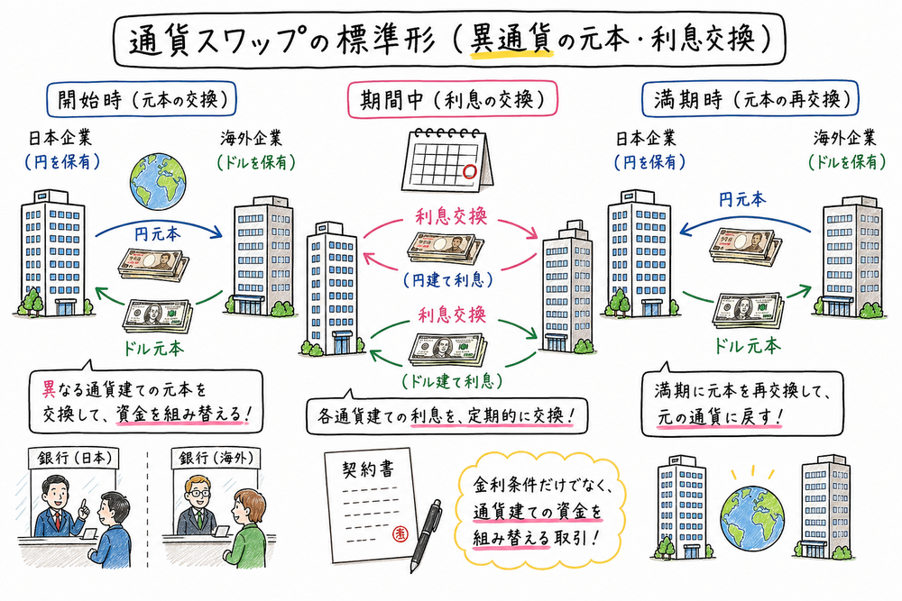 通貨スワップで異なる通貨の元本と利息を交換し満期に元本を再交換する図解