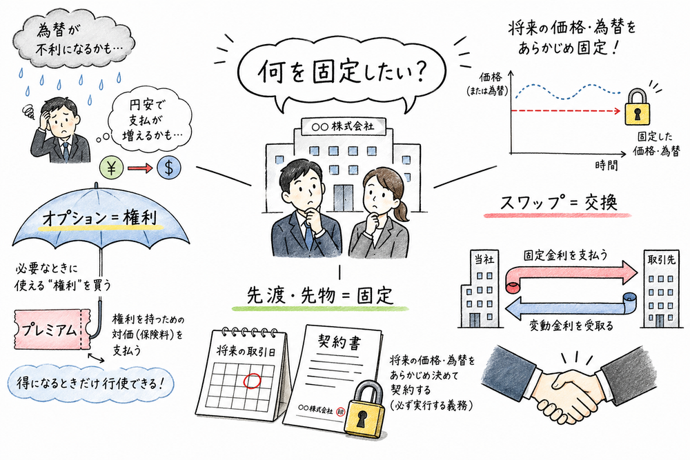 オプション・先渡先物・スワップの使い分けを整理する図解