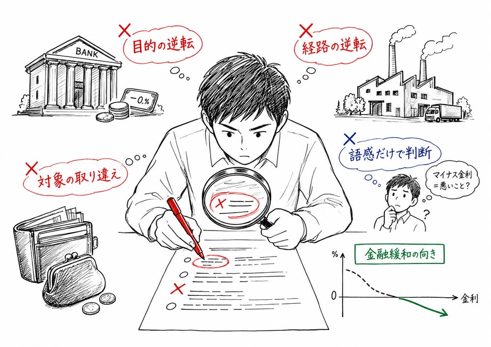 マイナス金利の選択肢で政策目的や対象や波及経路を取り違えないための誤答パターン図解