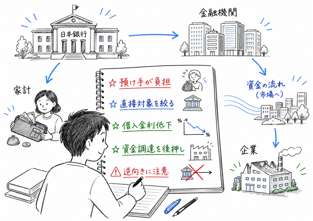 マイナス金利で最初に押さえる意味、直接対象、借入金利低下、誤答注意をまとめた図解