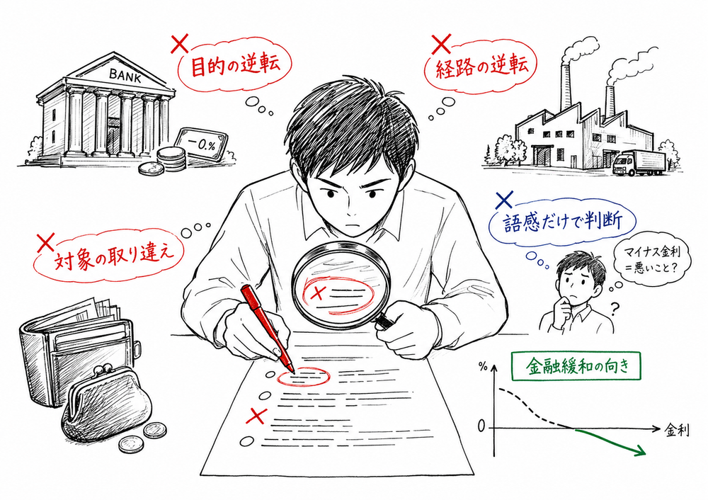 マイナス金利の選択肢で政策目的や対象や波及経路を取り違えないための誤答パターン図解