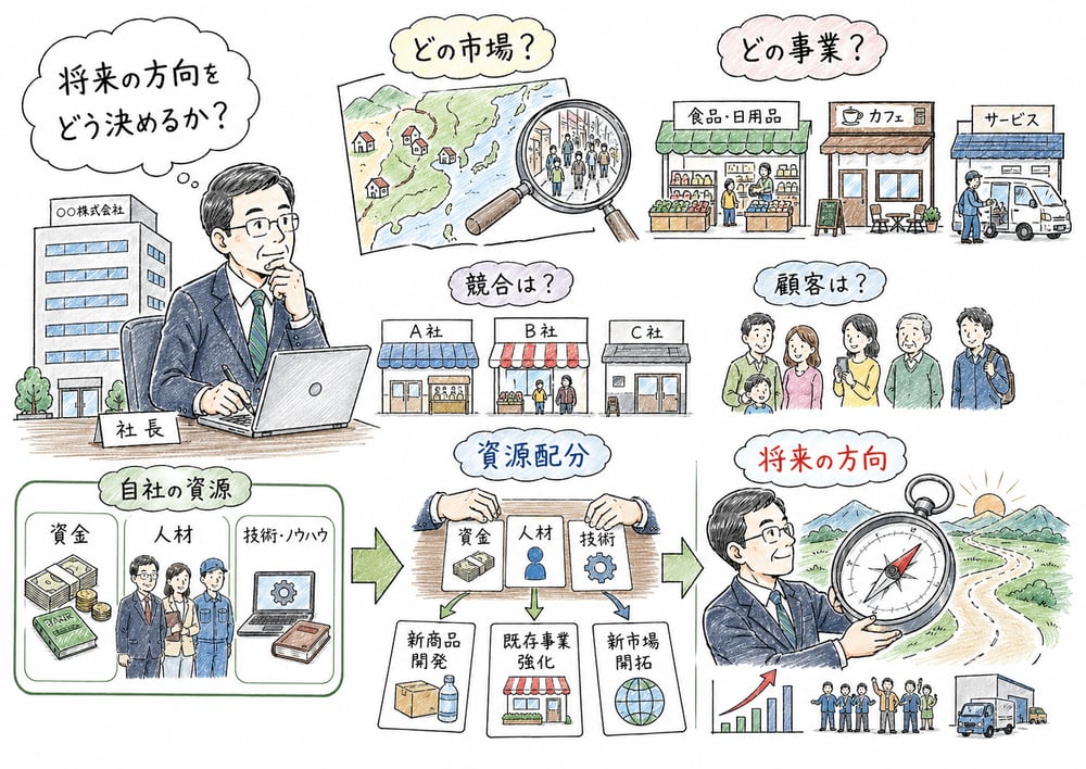 市場や競合を見ながら事業方向と資源配分を決める戦略的意思決定の図解