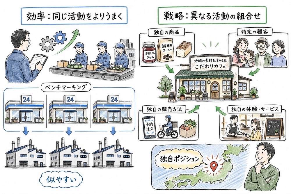 同じ活動をよりうまく行うオペレーション効率と異なる活動の組み合わせを選ぶ戦略の違いを示す図解