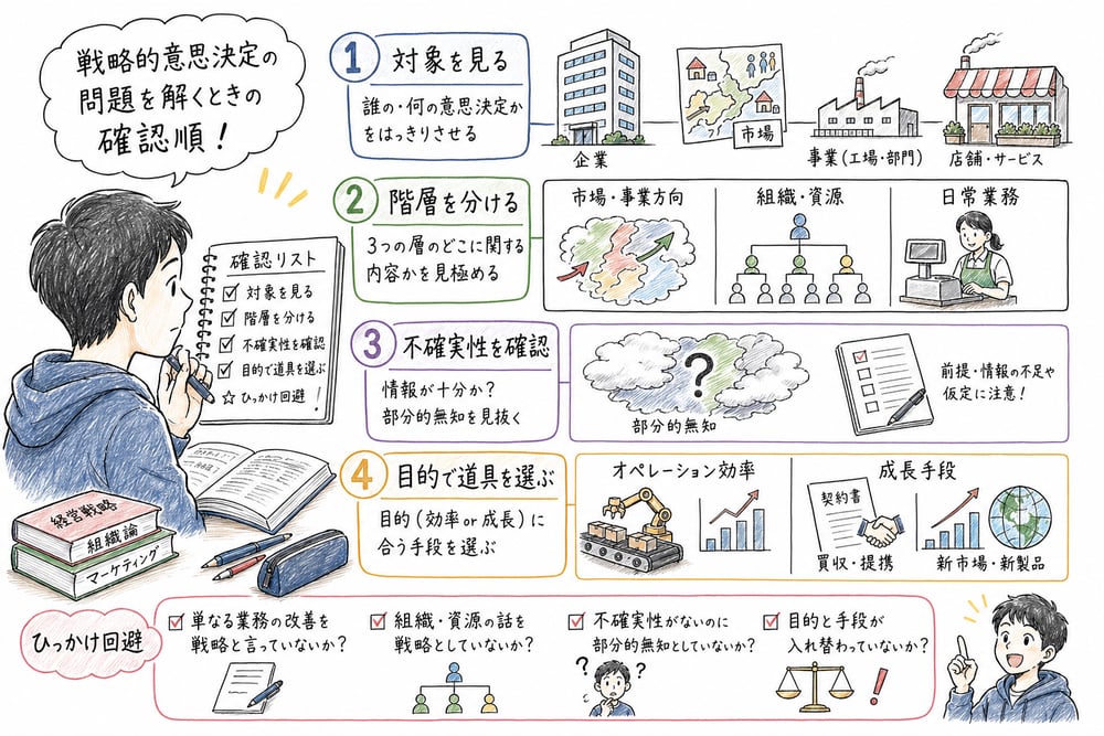 戦略的意思決定の問題を対象、階層、不確実性、目的の順に確認するまとめ図解