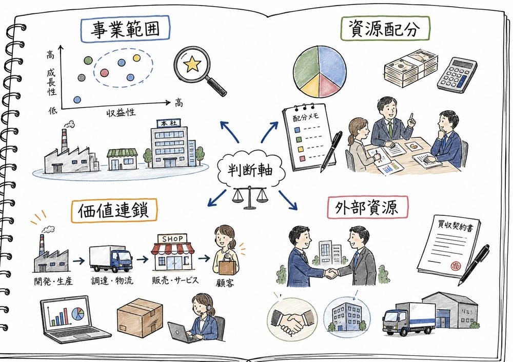 全社戦略が事業の選択と資源配分を扱うことを示す図解