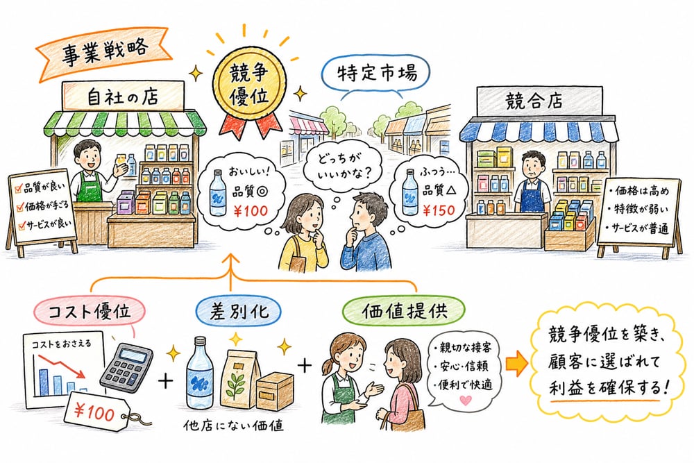 事業戦略が特定市場で競争優位を作ることを示す図解