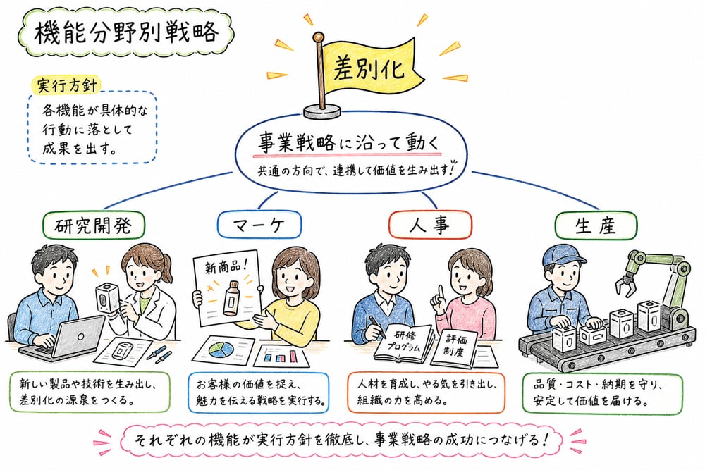 機能分野別戦略が事業戦略を部門別の実行方針へ落とし込むことを示す図解