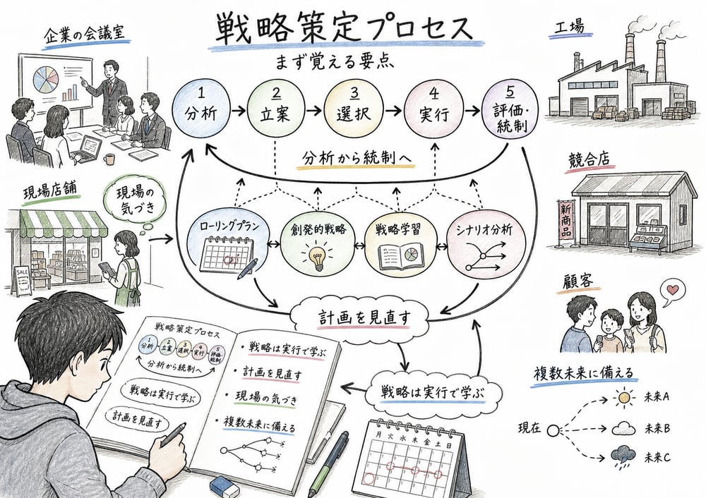 戦略策定プロセスで最初に覚える要点を示す図解