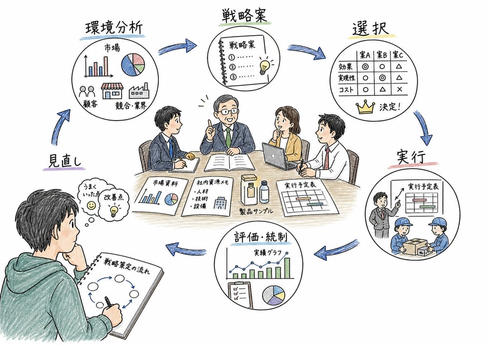 戦略策定を分析から評価統制までの循環で示す図解
