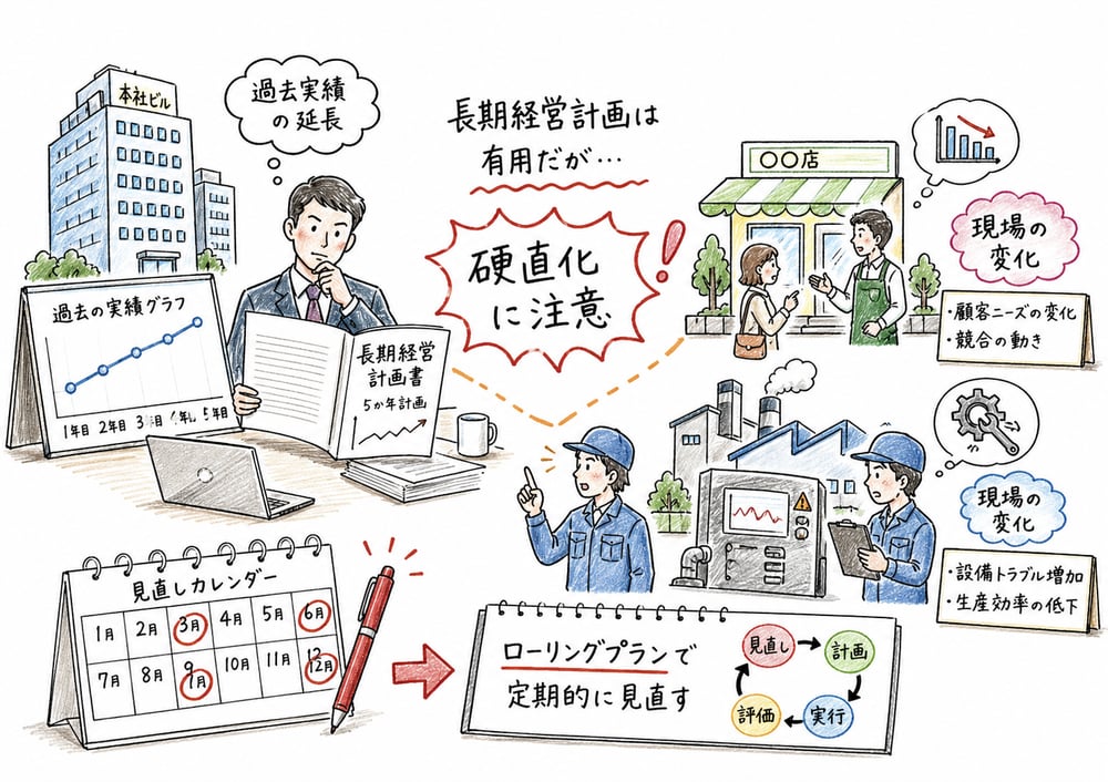長期経営計画の硬直化とローリングプランを示す図解