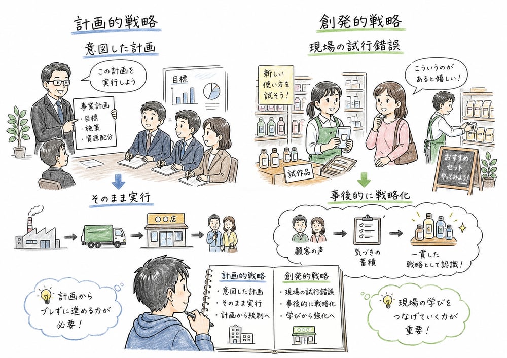 計画的戦略と創発的戦略の違いを示す図解