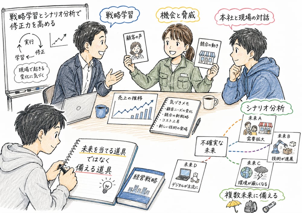 戦略学習とシナリオ分析で修正力を高める考え方を示す図解