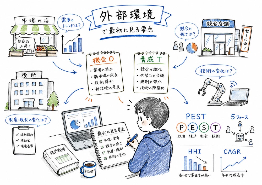 外部環境分析で最初に見る要点の図解