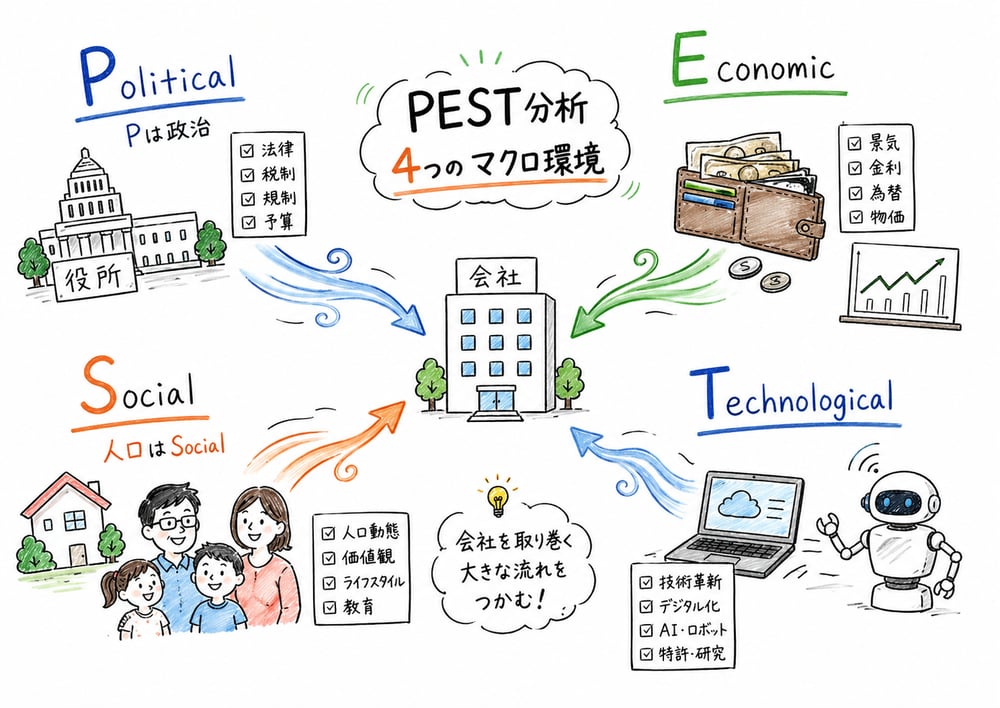 PEST分析の4つのマクロ環境の図解