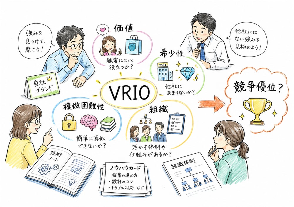 内部環境分析とVRIOの4条件を自社資源の点検として整理した手書き風図解