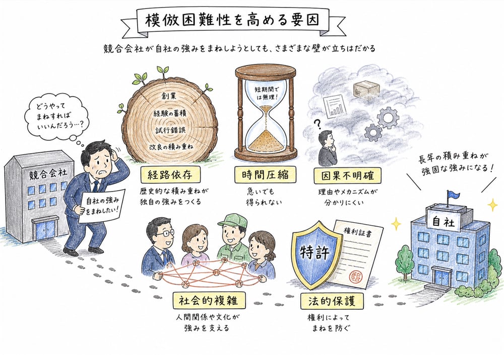 経路依存、時間圧縮、因果不明確、社会的複雑性、法的保護を模倣の障壁として整理した手書き風図解