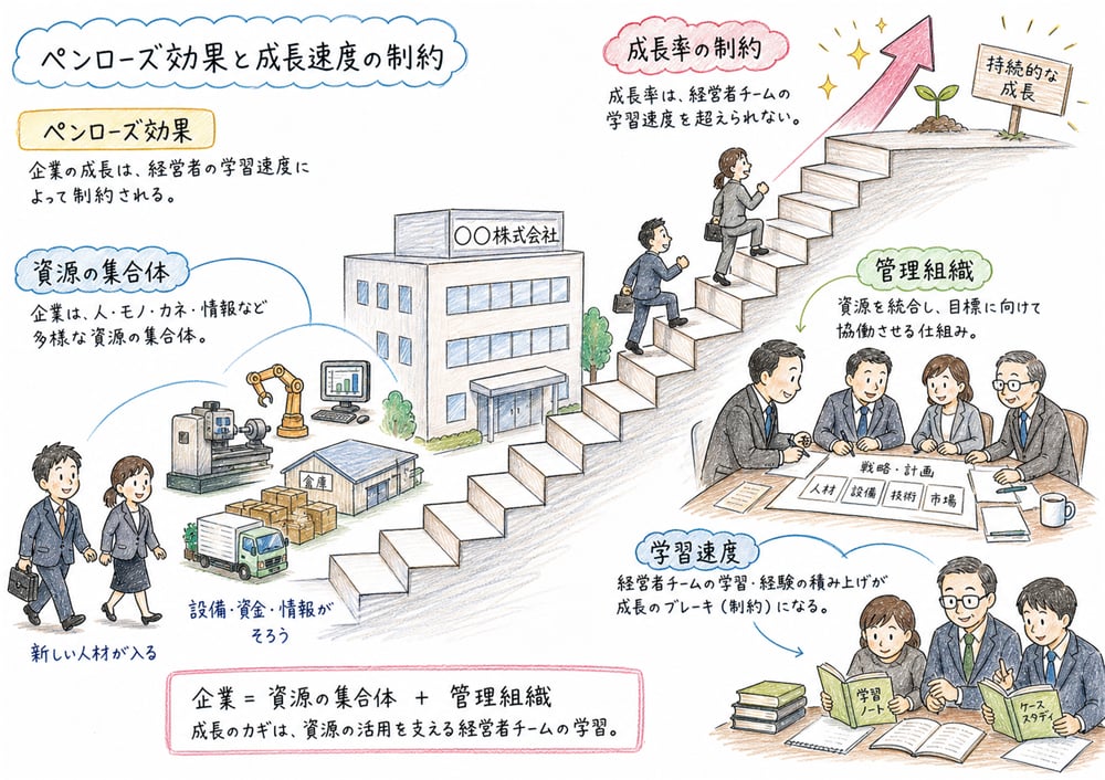 ペンローズ効果を経営者チームの学習速度と企業の成長階段で整理した手書き風図解