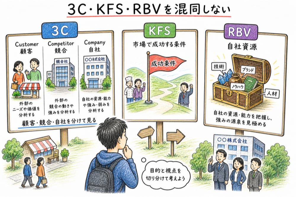 3CのCompany、KFS、RBVを顧客、競合、自社、成功条件、自社資源で切り分けた手書き風図解