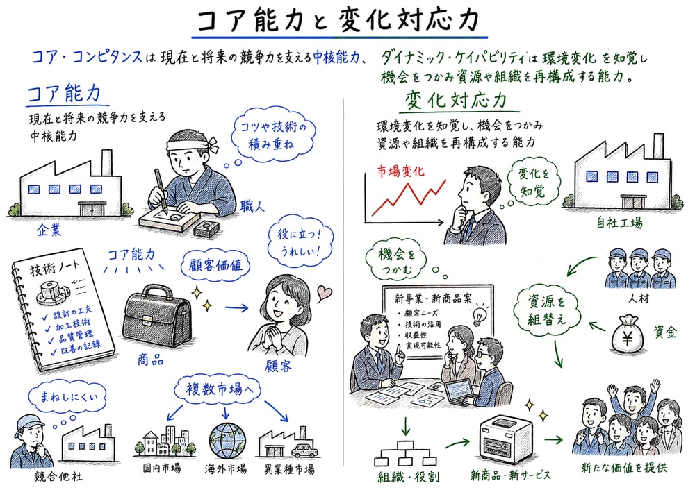 コア・コンピタンスとダイナミック・ケイパビリティの違いを示す図解