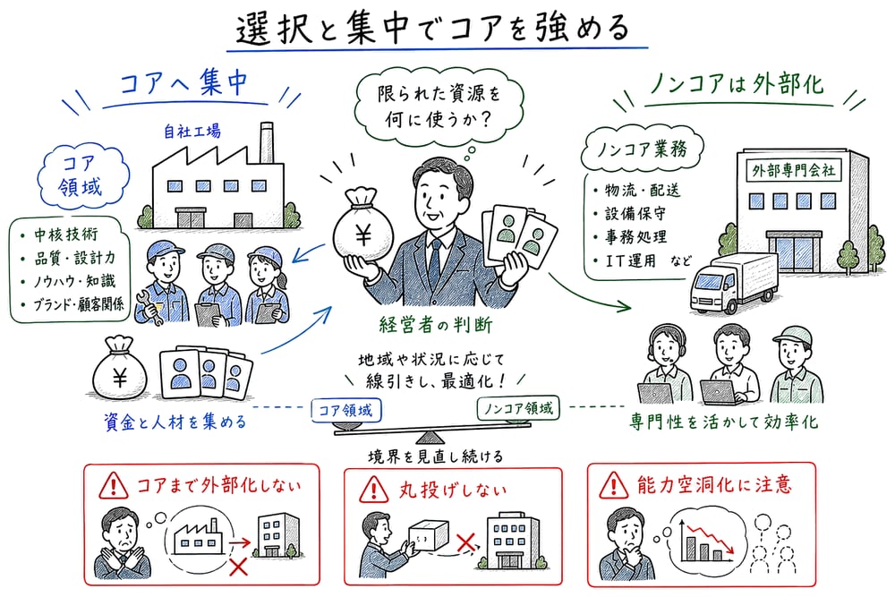 選択と集中とアウトソーシングの使い分けを示す図解