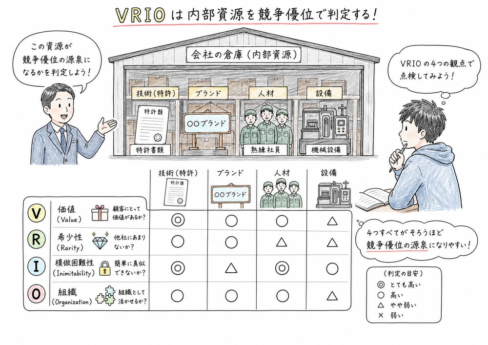 VRIOが内部資源を価値、希少性、模倣困難性、組織で判定することを示す図解