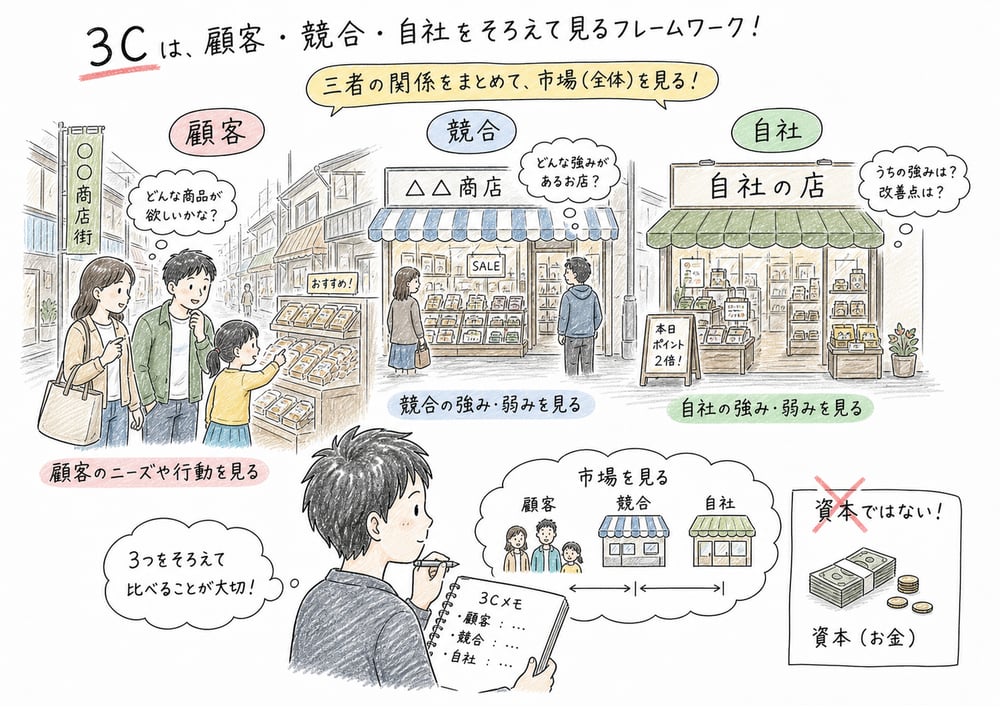 3Cが顧客、競合、自社をそろえて市場や事業を見ることを示す図解