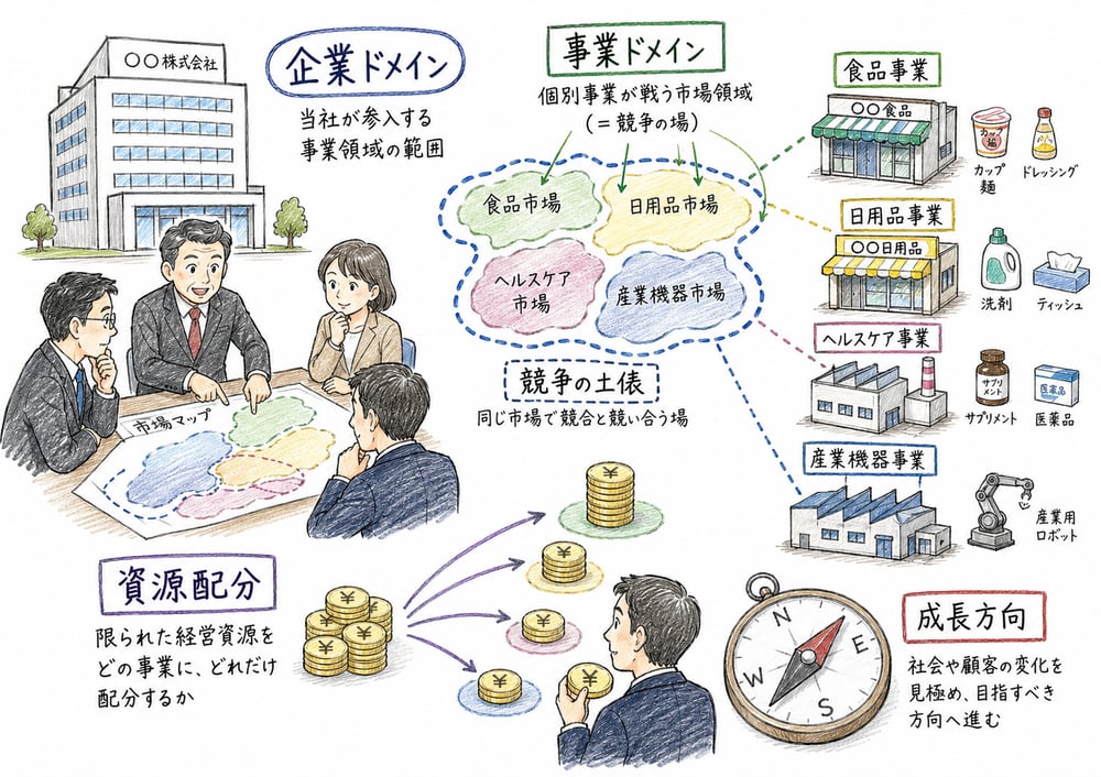 ドメインが企業ドメインと事業ドメイン、資源配分、競争の土俵を方向づける全体像