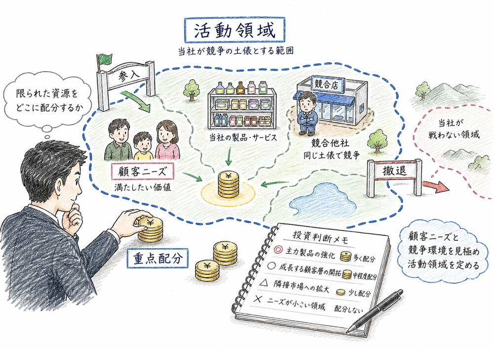 ドメインが参入、撤退、重点配分、顧客ニーズを判断する活動領域になることを示す図解