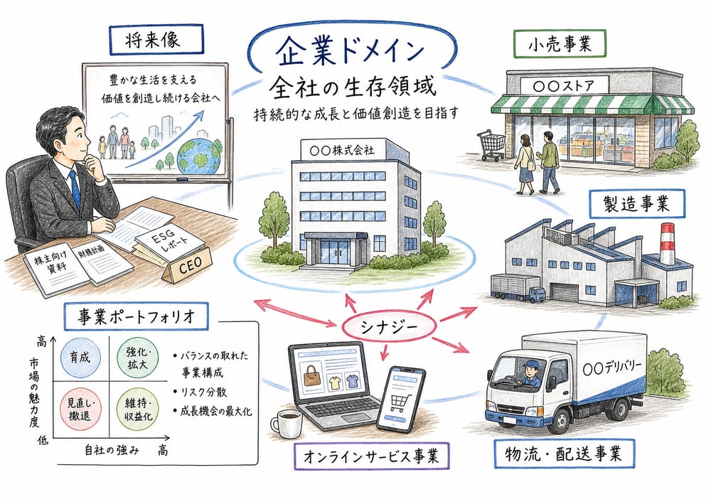 企業ドメインが全社の生存領域、将来像、事業ポートフォリオ、シナジーを示す図解