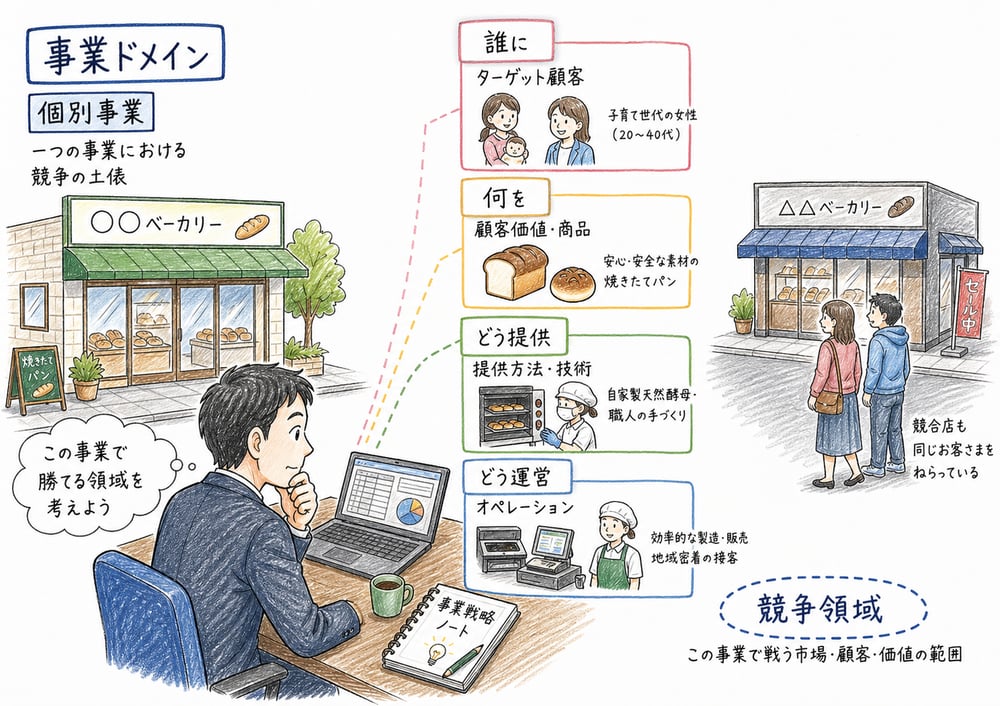事業ドメインが個別事業で誰に何をどう提供するかを決める競争領域であることを示す図解