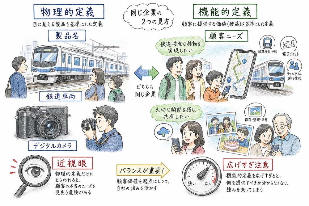 製品名で捉える物理的定義と顧客ニーズで捉える機能的定義を比較する図解