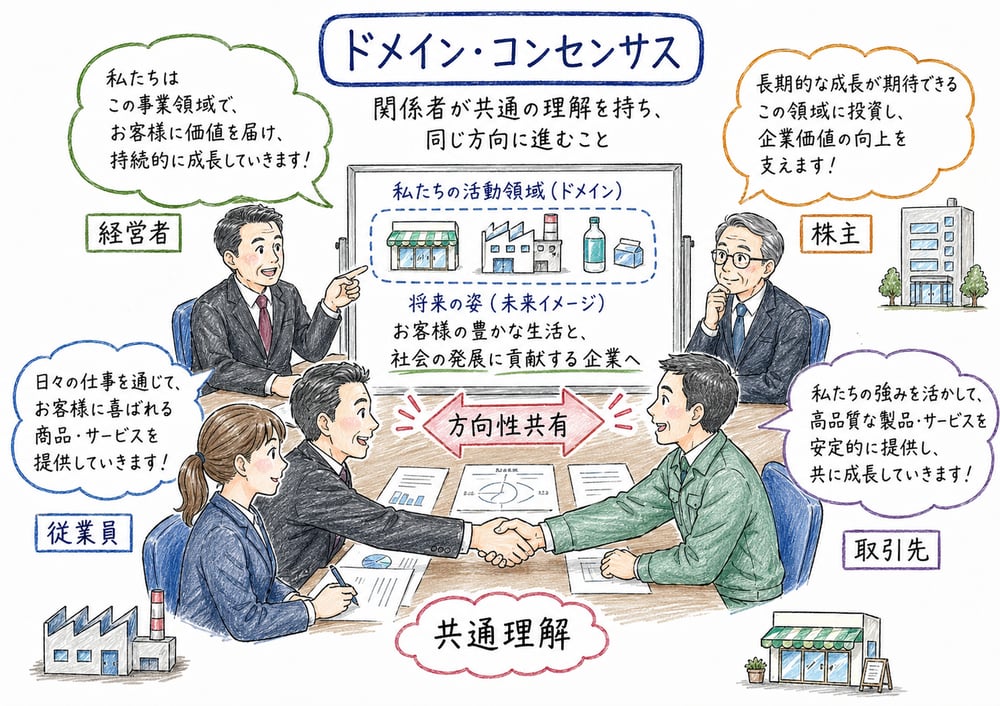 経営者、従業員、株主、取引先が企業の方向性を共有するドメイン・コンセンサスの図解