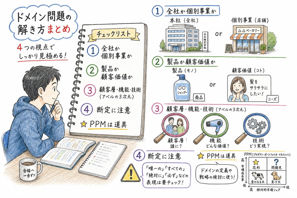 ドメイン問題で全社か個別事業か、製品か顧客価値か、エイベルの3次元、断定表現を確認する図解