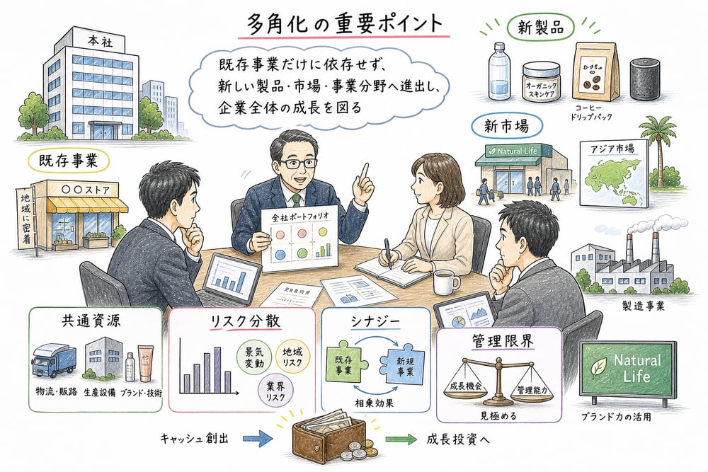 多角化の重要ポイントを成長機会、共通資源、リスク分散、管理限界で整理した図解