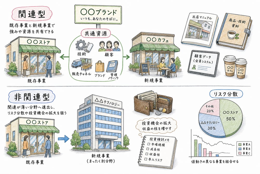 関連型多角化と非関連型多角化を資源共有とリスク分散で比較した図解