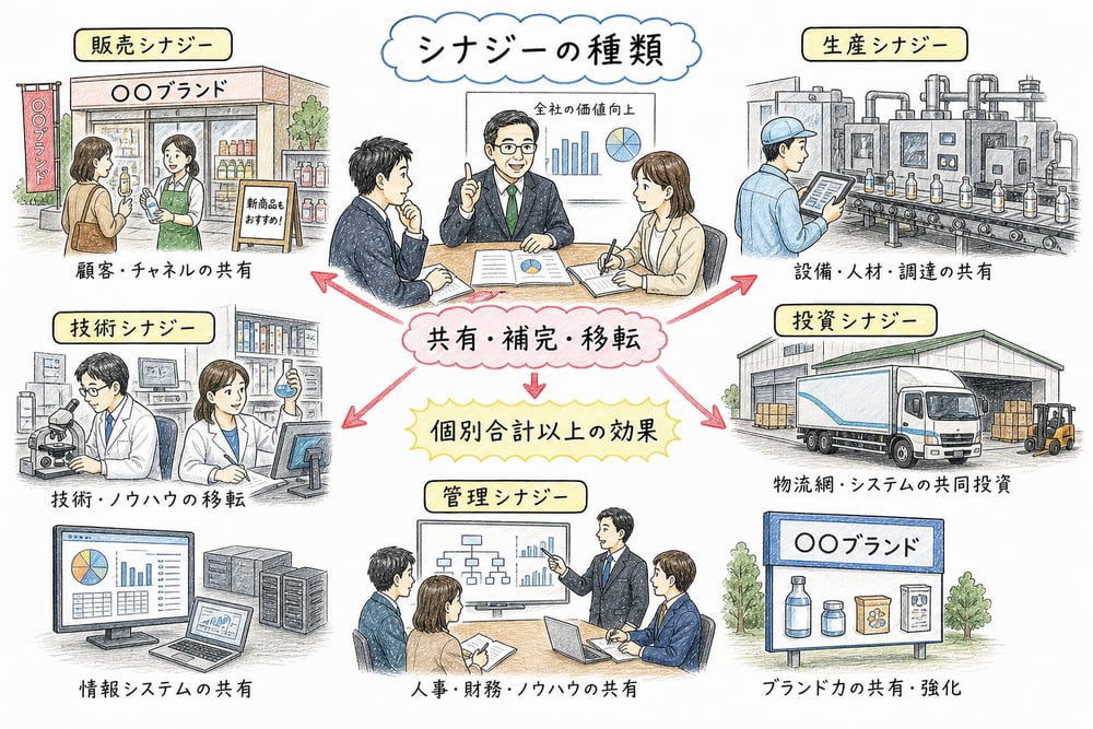 販売、生産、技術、投資、管理のシナジーを共有資源で整理した図解