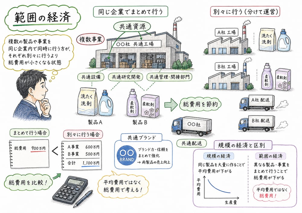 範囲の経済を共通資源と総費用の節約で説明した図解